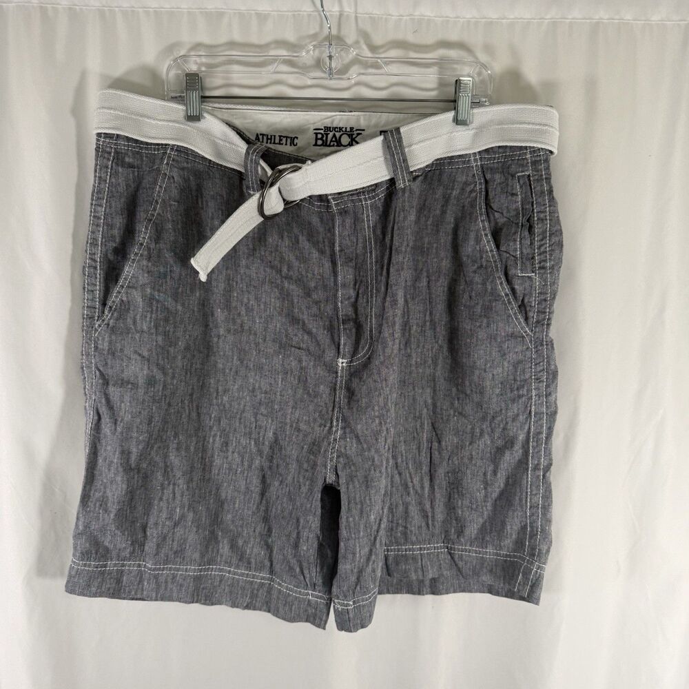 Buckle Black Linen Blend Shorts Men's 38 Grey Belted Athletic 8" Inseam